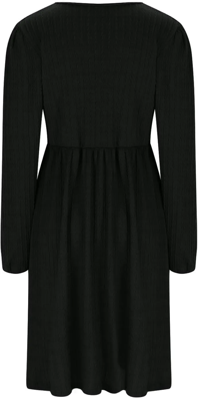 Elegant Dresses for Women Long Sleeve Crewneck Causal Empire Waist Ruffle Dress with Pockets Fashion Work Midi Dress