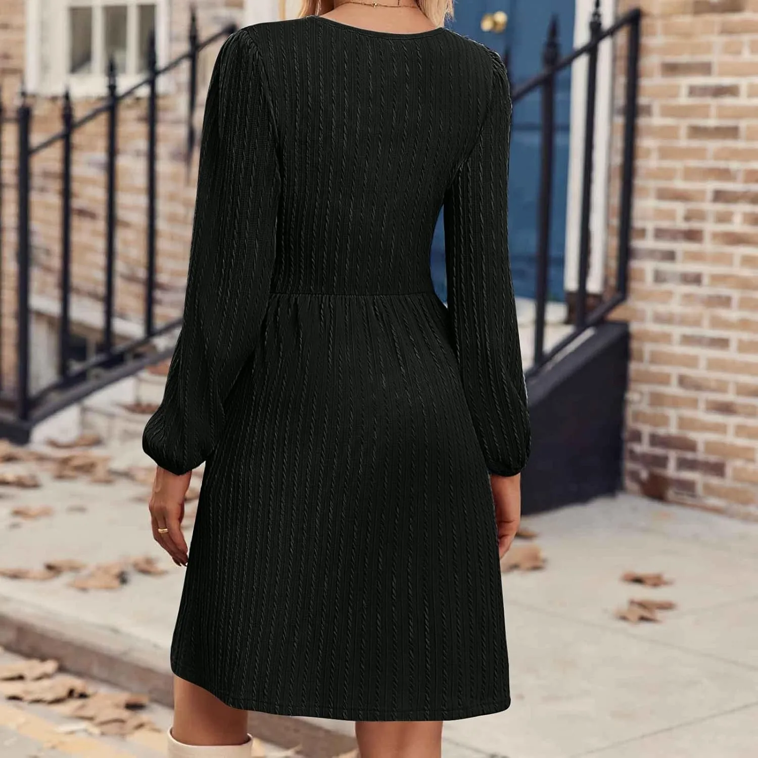 Elegant Dresses for Women Long Sleeve Crewneck Causal Empire Waist Ruffle Dress with Pockets Fashion Work Midi Dress