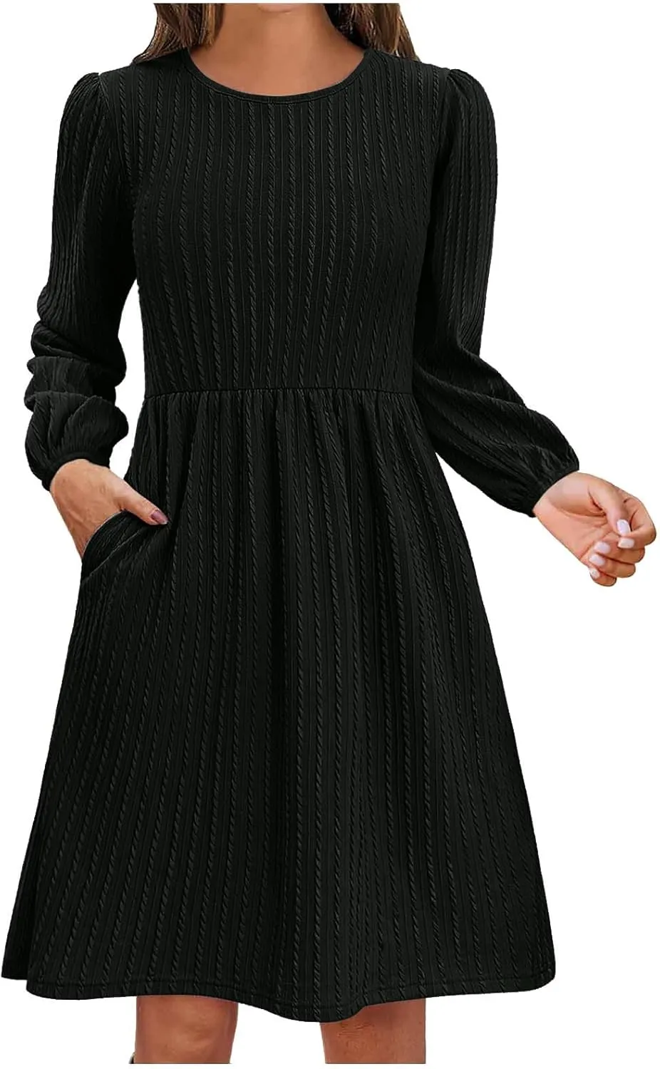 Elegant Dresses for Women Long Sleeve Crewneck Causal Empire Waist Ruffle Dress with Pockets Fashion Work Midi Dress