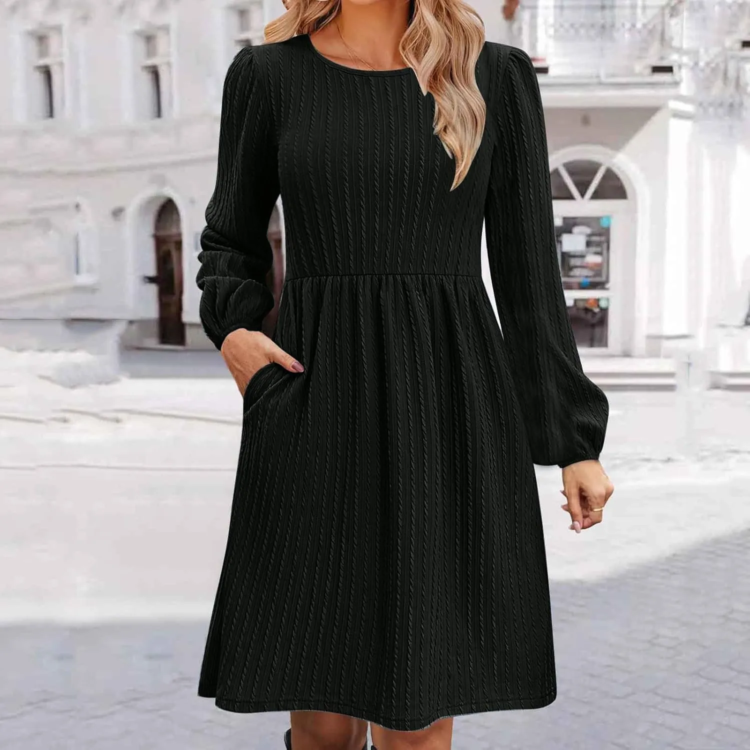 Elegant Dresses for Women Long Sleeve Crewneck Causal Empire Waist Ruffle Dress with Pockets Fashion Work Midi Dress