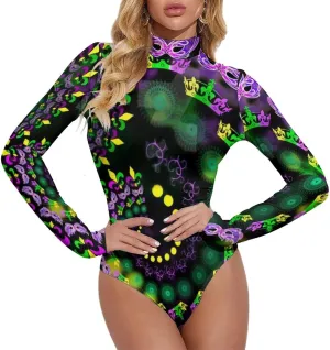 Endless Mardi Gras Vortex Women's Long Sleeve Bodysuit Turtleneck Tops Stretch Jumpsuit T Shirts