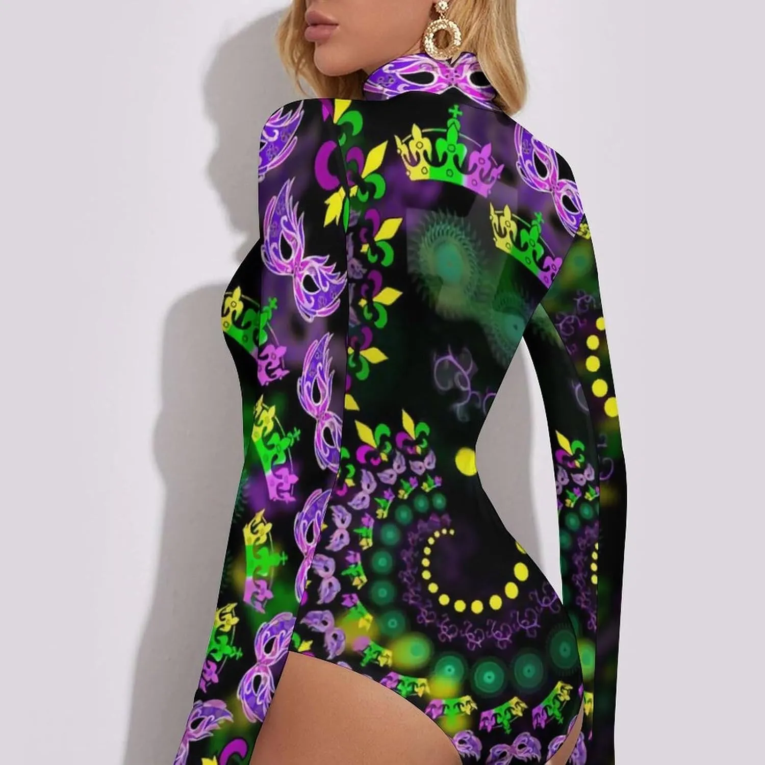 Endless Mardi Gras Vortex Women's Long Sleeve Bodysuit Turtleneck Tops Stretch Jumpsuit T Shirts