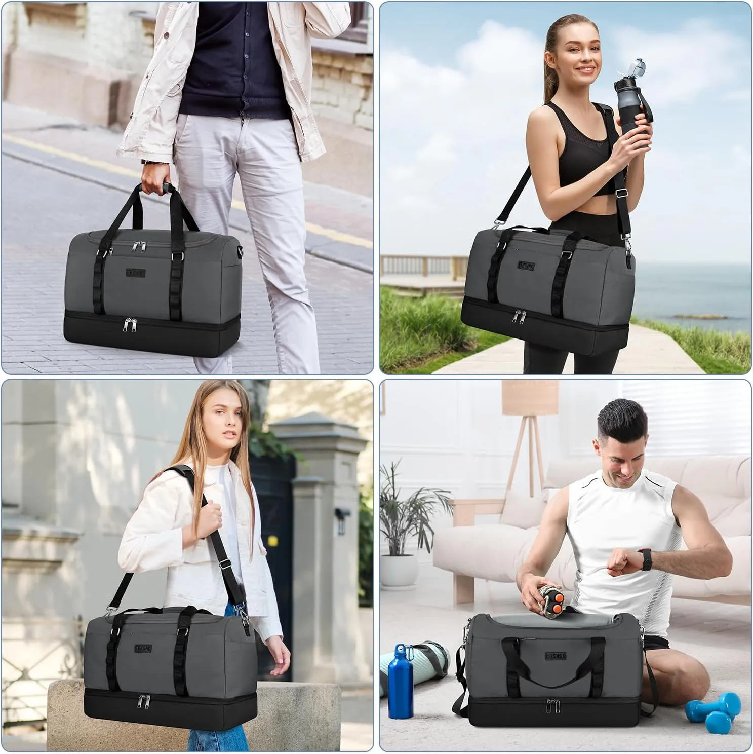 ETRONIK Travel Bag for Men Women, Duffle & Gym Bag with Shoe Compartment, Weekender Overnight Bag with Toiletry Bag, Carry on Bags for Airplanes for Travel, Trip, Gym, Yoga, Black-Grey