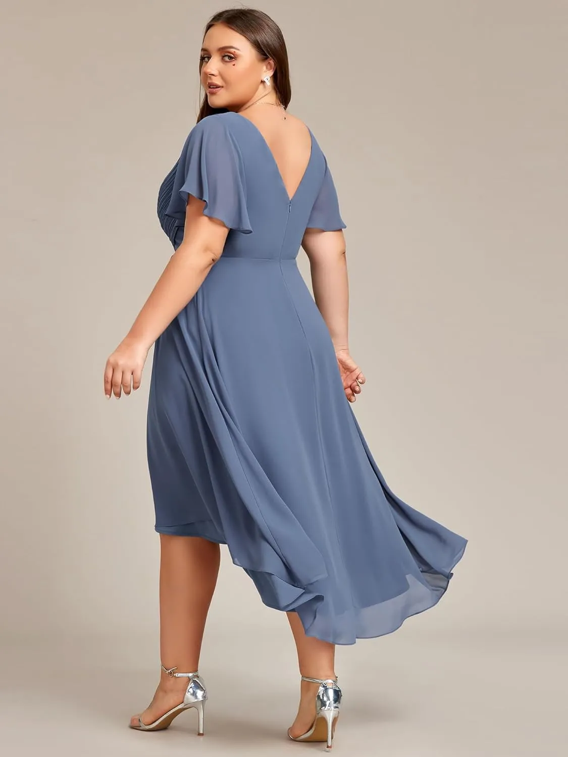 Ever-Pretty A Line V Neck Chiffon Short Sleeves High Low Knee Length Plus Size Wedding Guest Dresses for Curvy Women 01923-DA