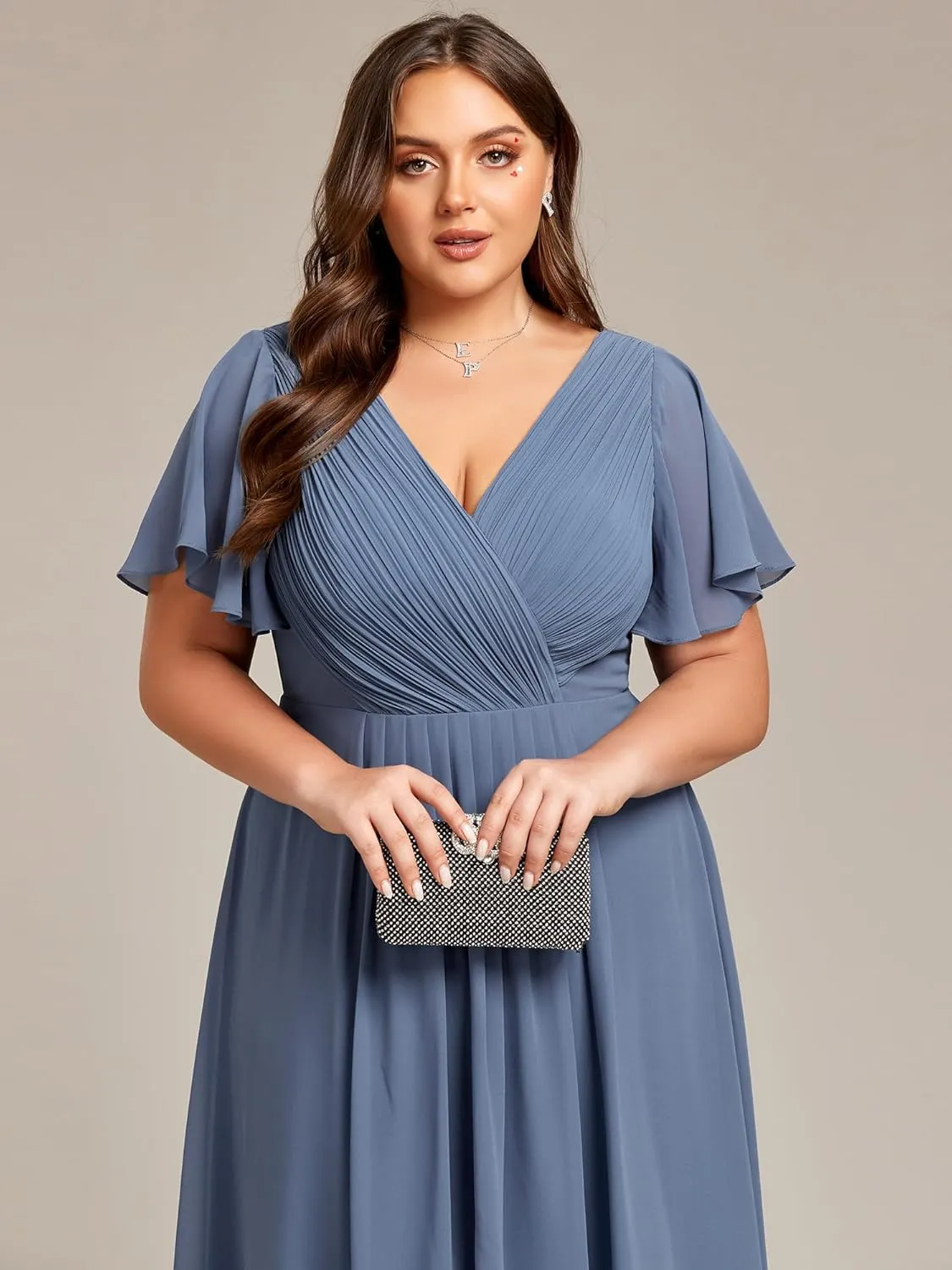 Ever-Pretty A Line V Neck Chiffon Short Sleeves High Low Knee Length Plus Size Wedding Guest Dresses for Curvy Women 01923-DA