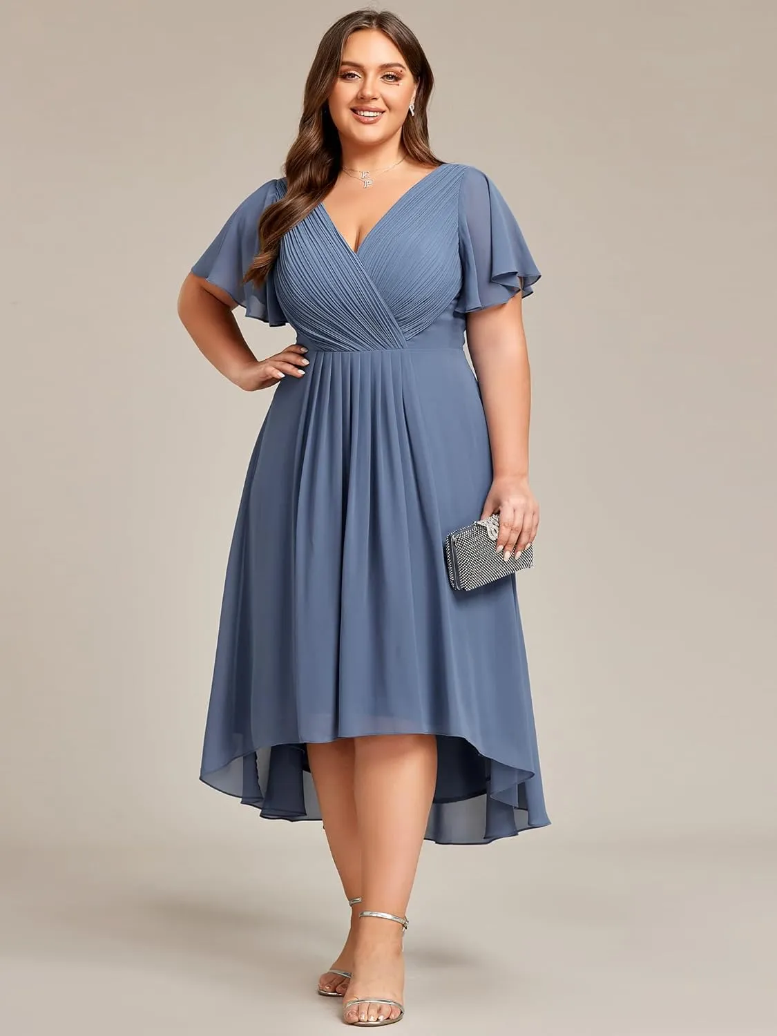 Ever-Pretty A Line V Neck Chiffon Short Sleeves High Low Knee Length Plus Size Wedding Guest Dresses for Curvy Women 01923-DA