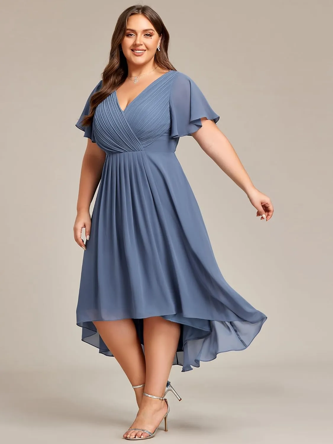 Ever-Pretty A Line V Neck Chiffon Short Sleeves High Low Knee Length Plus Size Wedding Guest Dresses for Curvy Women 01923-DA