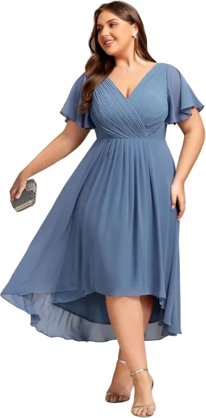 Ever-Pretty A Line V Neck Chiffon Short Sleeves High Low Knee Length Plus Size Wedding Guest Dresses for Curvy Women 01923-DA