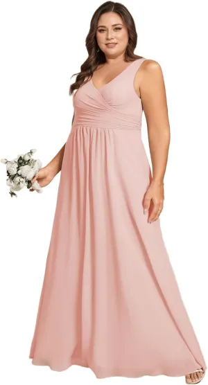 Ever-Pretty Plus Women's V Neck Sleeveless A Line Chiffon Pleated Floor Length Plus Size Bridesmaid Dresses