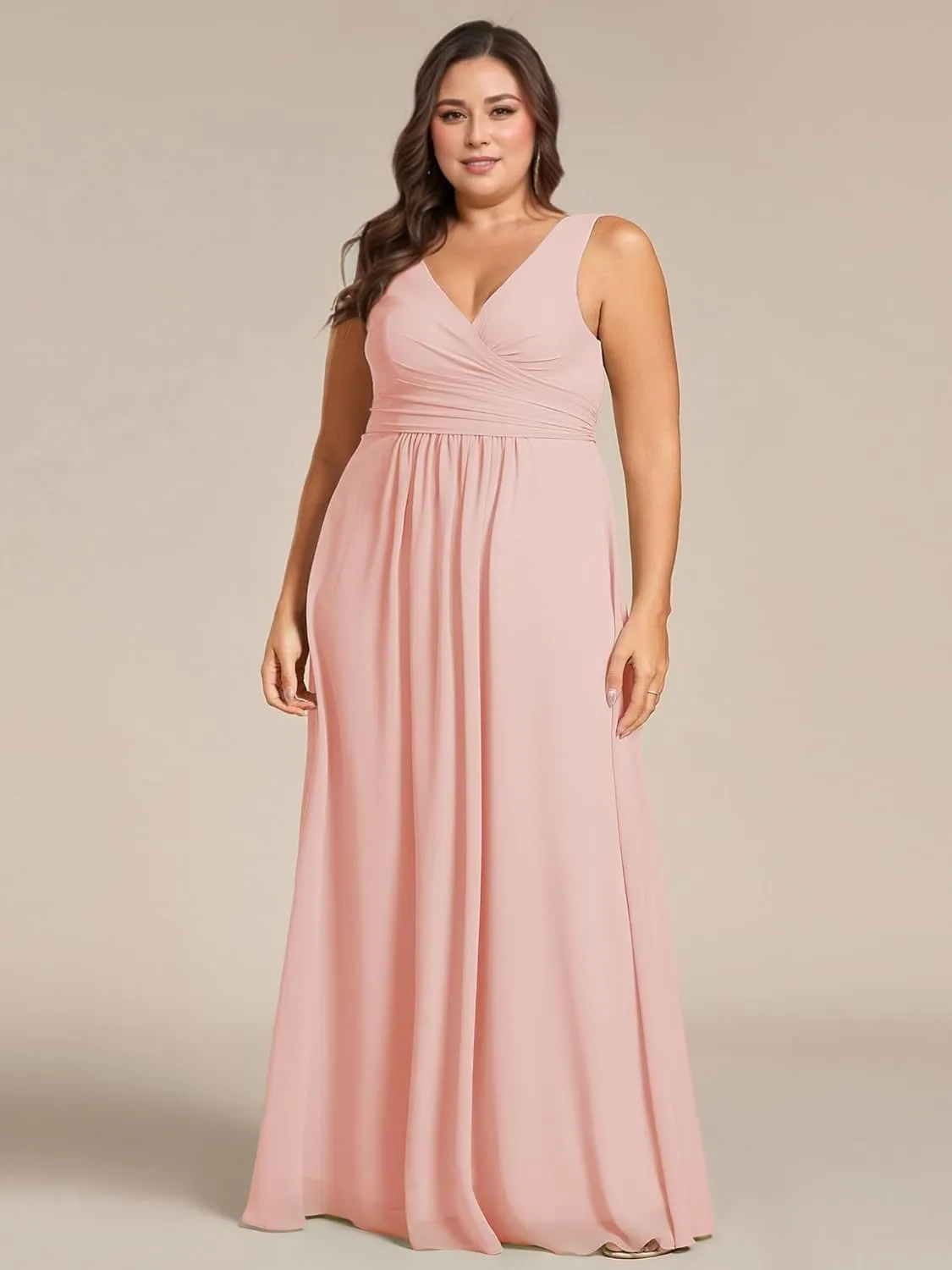 Ever-Pretty Plus Women's V Neck Sleeveless A Line Chiffon Pleated Floor Length Plus Size Bridesmaid Dresses
