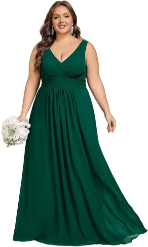 Ever-Pretty Plus Women's V Neck Sleeveless A Line Chiffon Pleated Floor Length Plus Size Bridesmaid Dresses