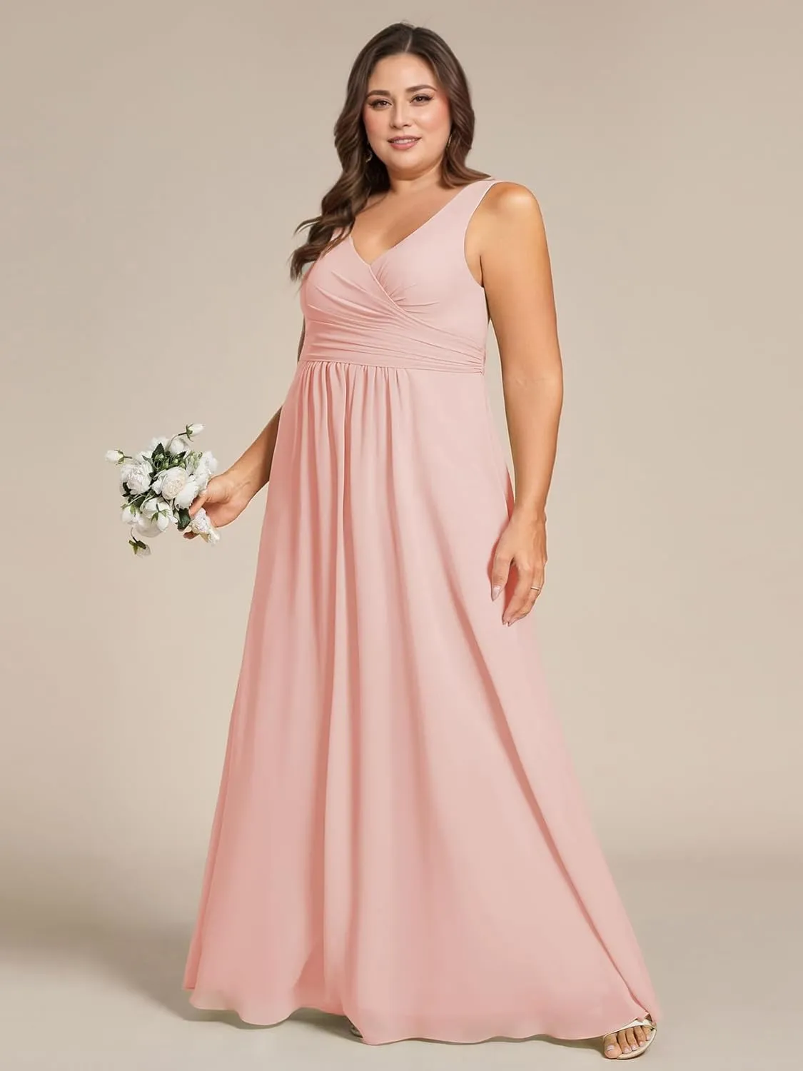 Ever-Pretty Plus Women's V Neck Sleeveless A Line Chiffon Pleated Floor Length Plus Size Bridesmaid Dresses