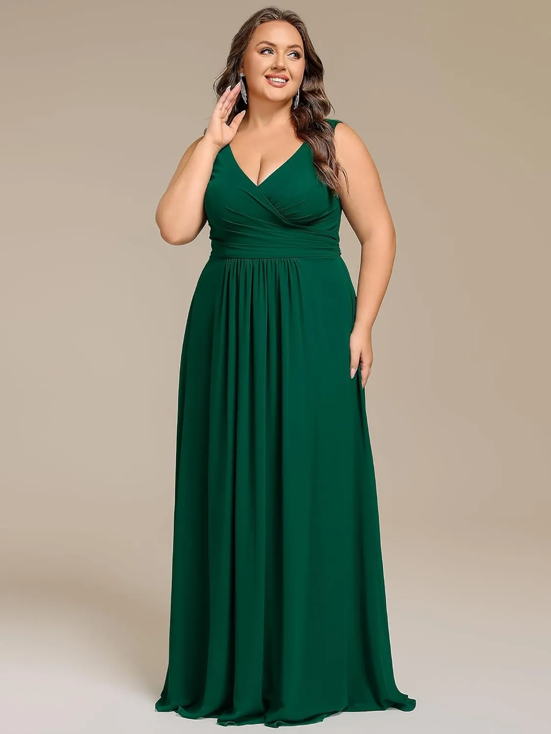 Ever-Pretty Plus Women's V Neck Sleeveless A Line Chiffon Pleated Floor Length Plus Size Bridesmaid Dresses