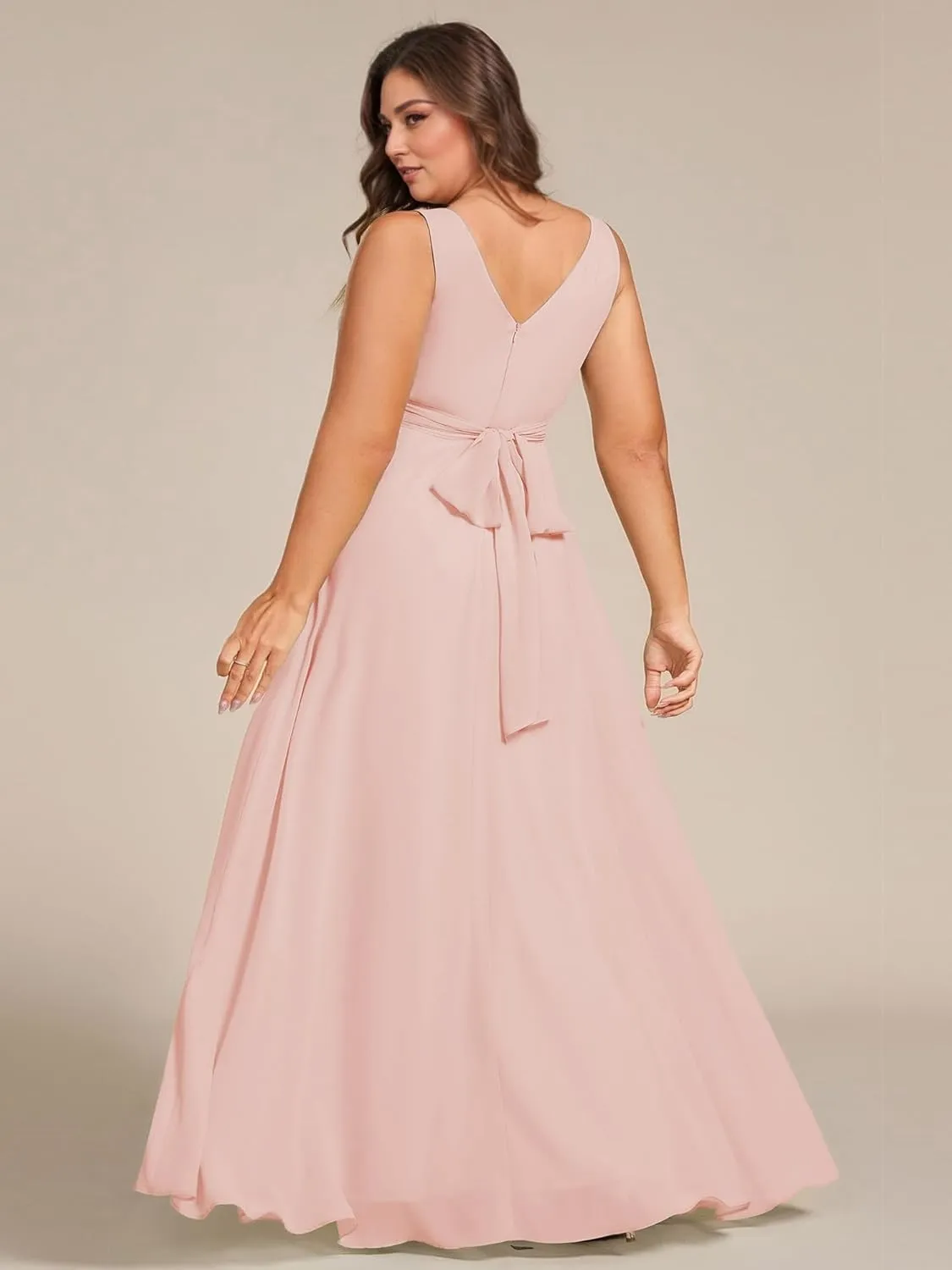 Ever-Pretty Plus Women's V Neck Sleeveless A Line Chiffon Pleated Floor Length Plus Size Bridesmaid Dresses