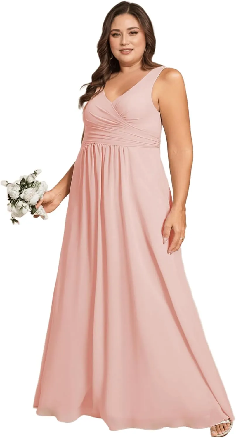 Ever-Pretty Plus Women's V Neck Sleeveless A Line Chiffon Pleated Floor Length Plus Size Bridesmaid Dresses