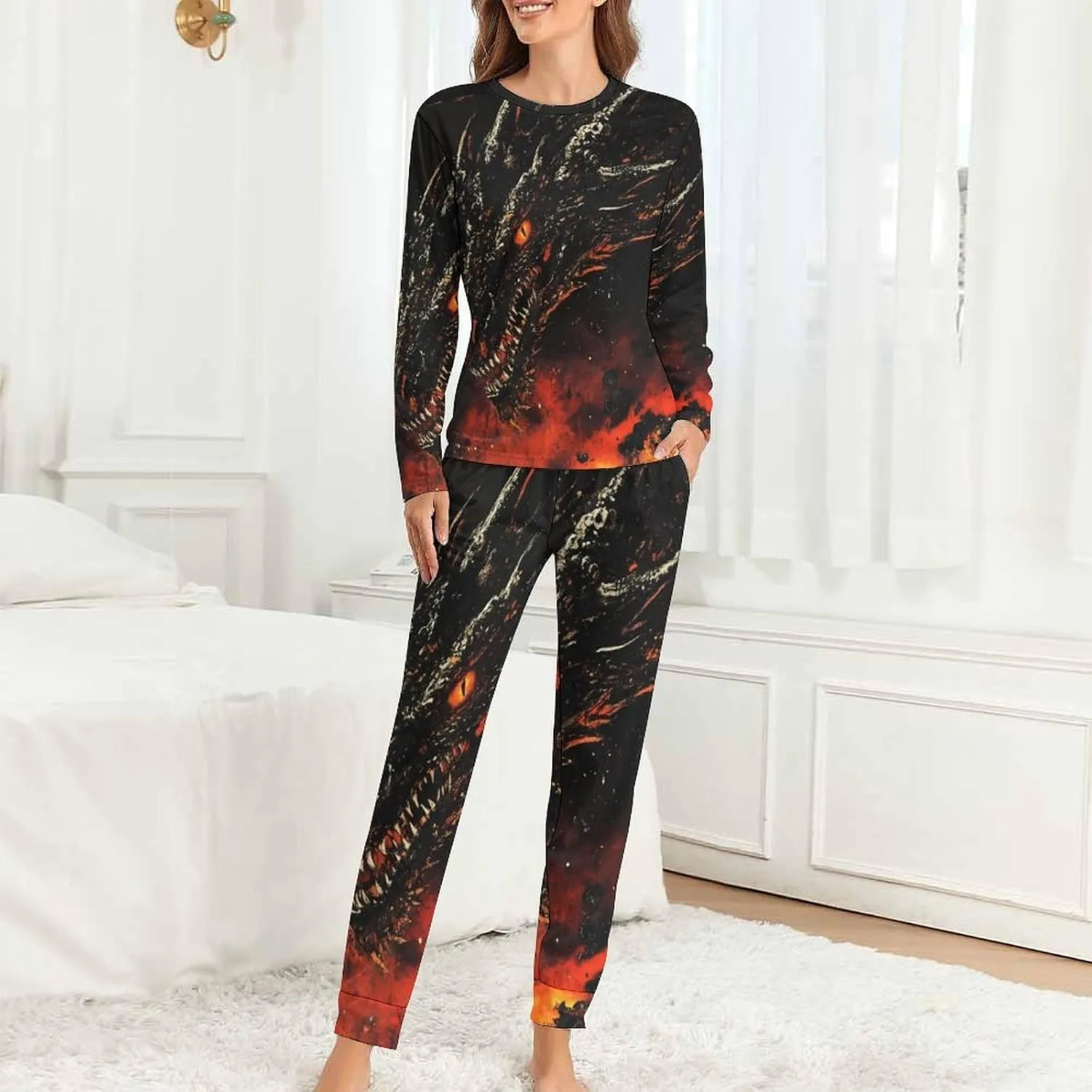 Evil Black Dragon Women's Pajama Set Long Sleeve T-shirts Top & Pant Comfort Sleepwear Loungewear