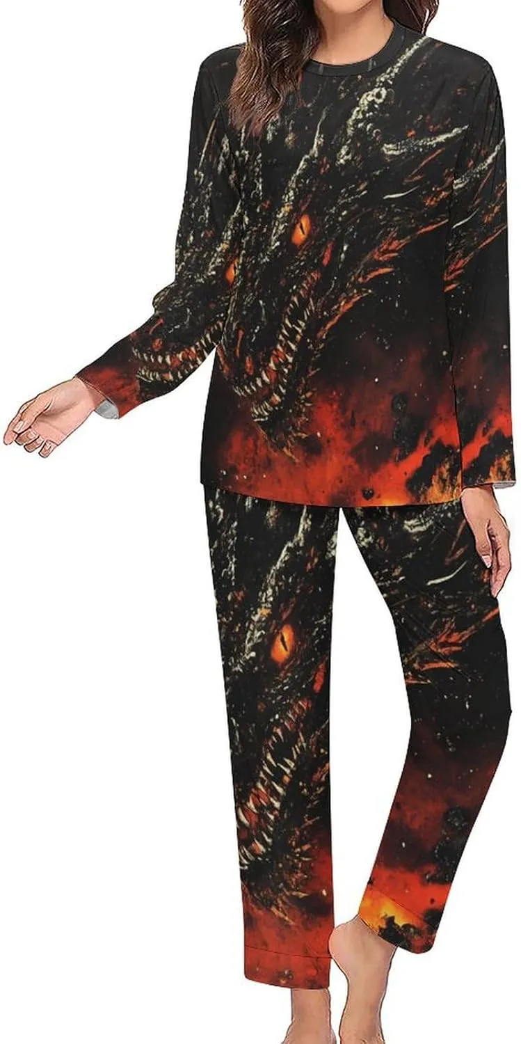 Evil Black Dragon Women's Pajama Set Long Sleeve T-shirts Top & Pant Comfort Sleepwear Loungewear