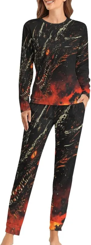 Evil Black Dragon Women's Pajama Set Long Sleeve T-shirts Top & Pant Comfort Sleepwear Loungewear