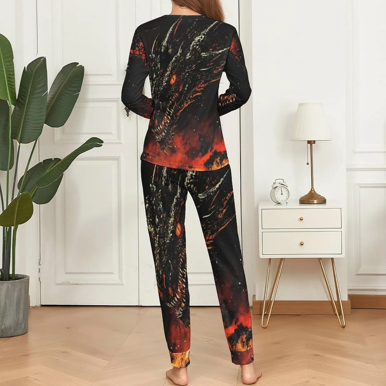 Evil Black Dragon Women's Pajama Set Long Sleeve T-shirts Top & Pant Comfort Sleepwear Loungewear