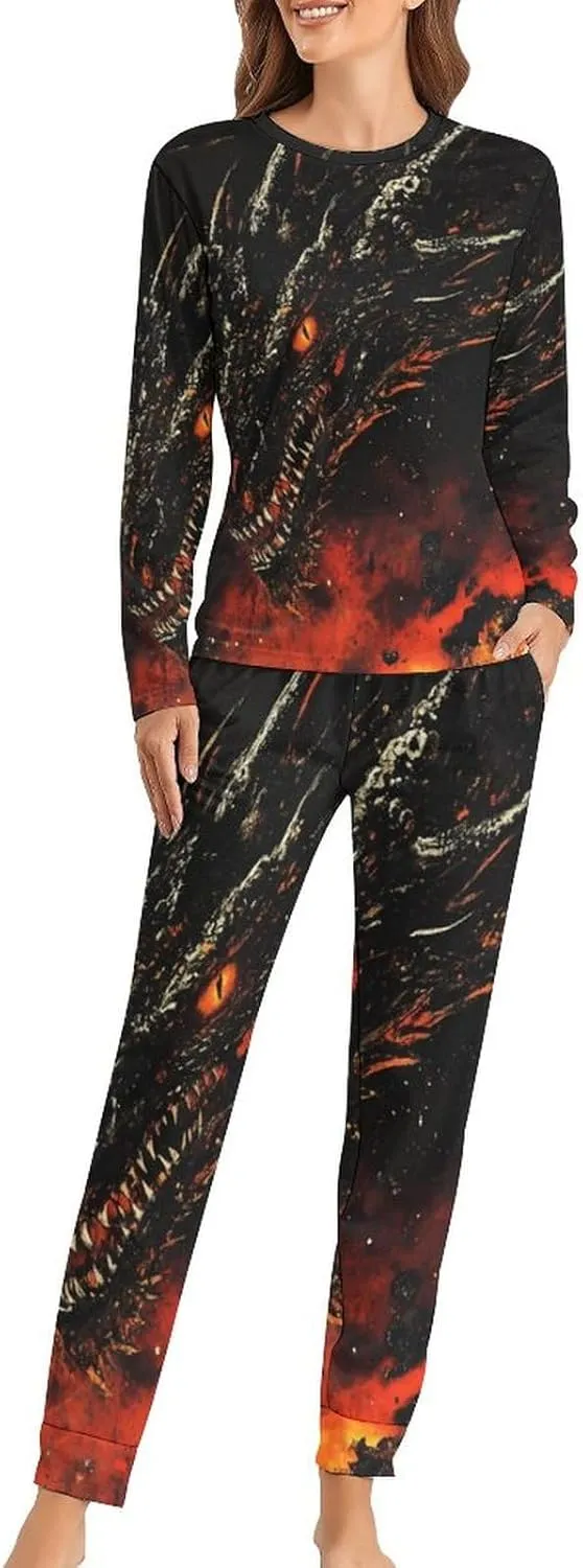 Evil Black Dragon Women's Pajama Set Long Sleeve T-shirts Top & Pant Comfort Sleepwear Loungewear