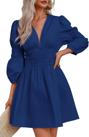 Fisoew Women's Deep V Neck Mini Dress Casual Puff Long Sleeve Smocked Waist Short Dresses