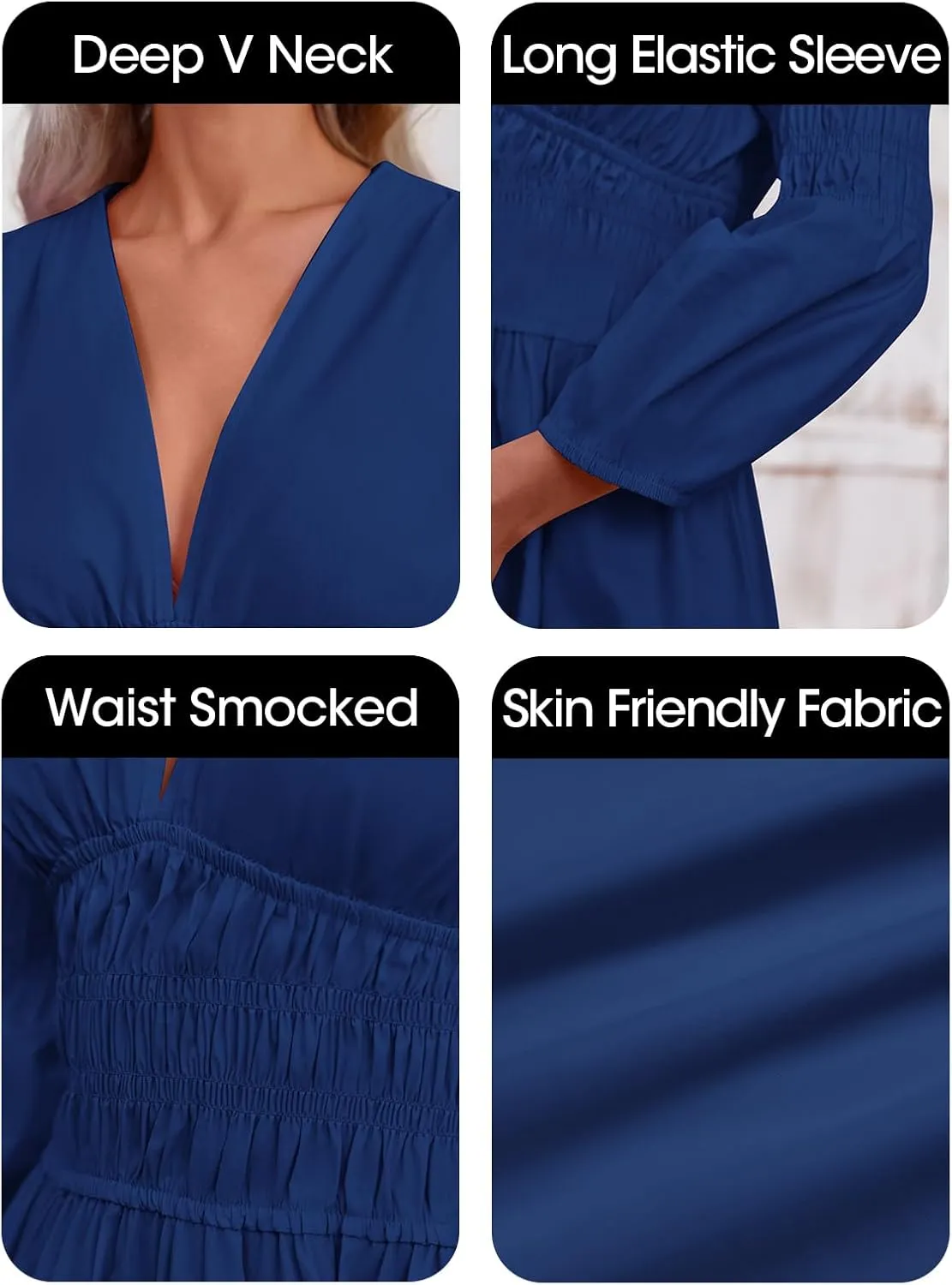 Fisoew Women's Deep V Neck Mini Dress Casual Puff Long Sleeve Smocked Waist Short Dresses