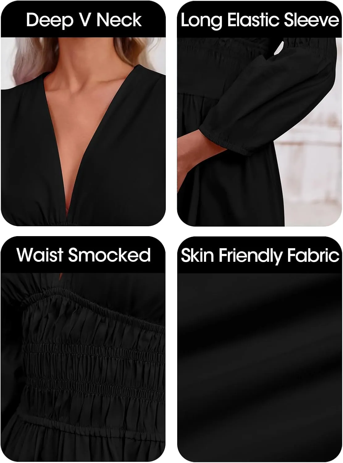 Fisoew Women's Deep V Neck Mini Dress Casual Puff Long Sleeve Smocked Waist Short Dresses