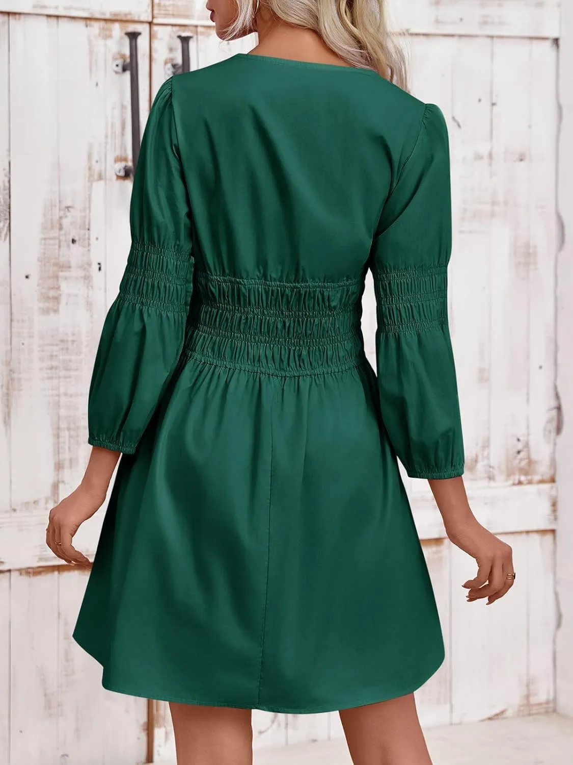 Fisoew Women's Deep V Neck Mini Dress Casual Puff Long Sleeve Smocked Waist Short Dresses