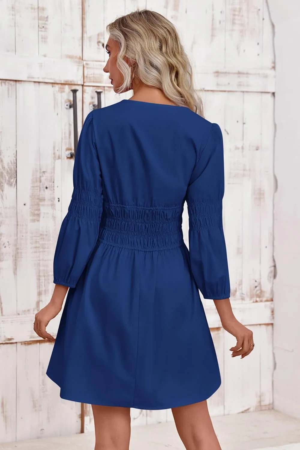 Fisoew Women's Deep V Neck Mini Dress Casual Puff Long Sleeve Smocked Waist Short Dresses