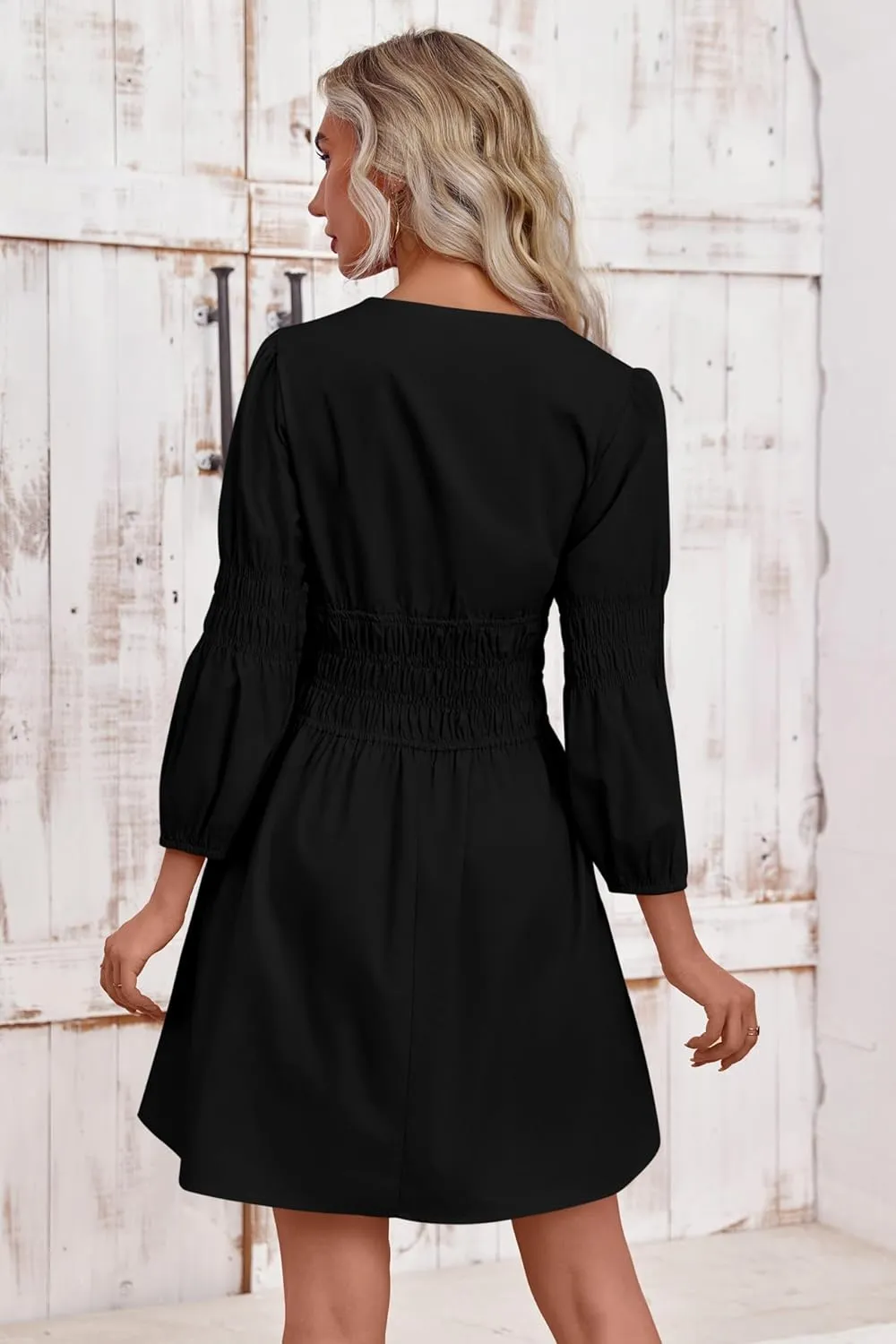 Fisoew Women's Deep V Neck Mini Dress Casual Puff Long Sleeve Smocked Waist Short Dresses