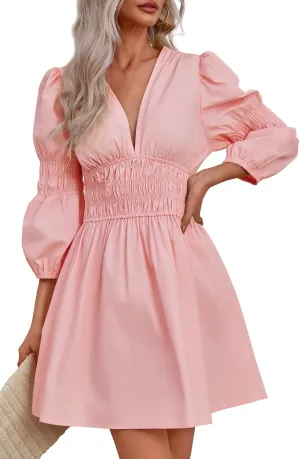 Fisoew Women's Deep V Neck Mini Dress Casual Puff Long Sleeve Smocked Waist Short Dresses