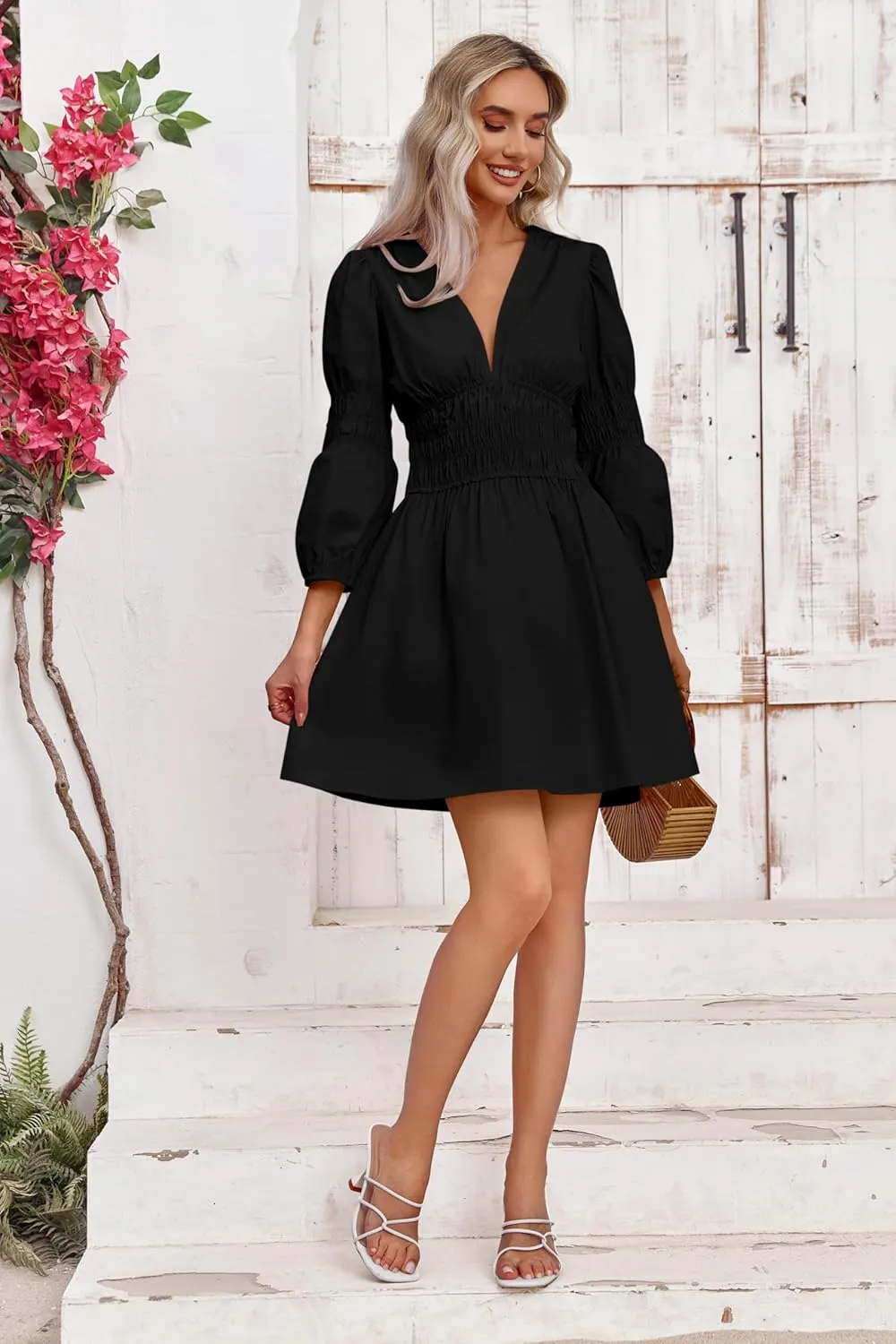 Fisoew Women's Deep V Neck Mini Dress Casual Puff Long Sleeve Smocked Waist Short Dresses