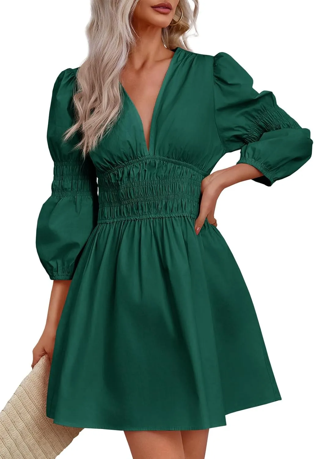 Fisoew Women's Deep V Neck Mini Dress Casual Puff Long Sleeve Smocked Waist Short Dresses