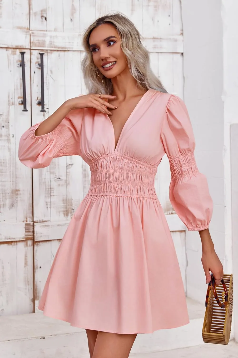 Fisoew Women's Deep V Neck Mini Dress Casual Puff Long Sleeve Smocked Waist Short Dresses