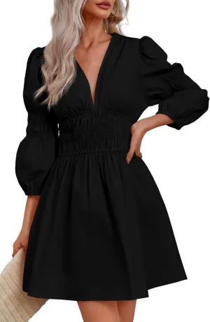Fisoew Women's Deep V Neck Mini Dress Casual Puff Long Sleeve Smocked Waist Short Dresses