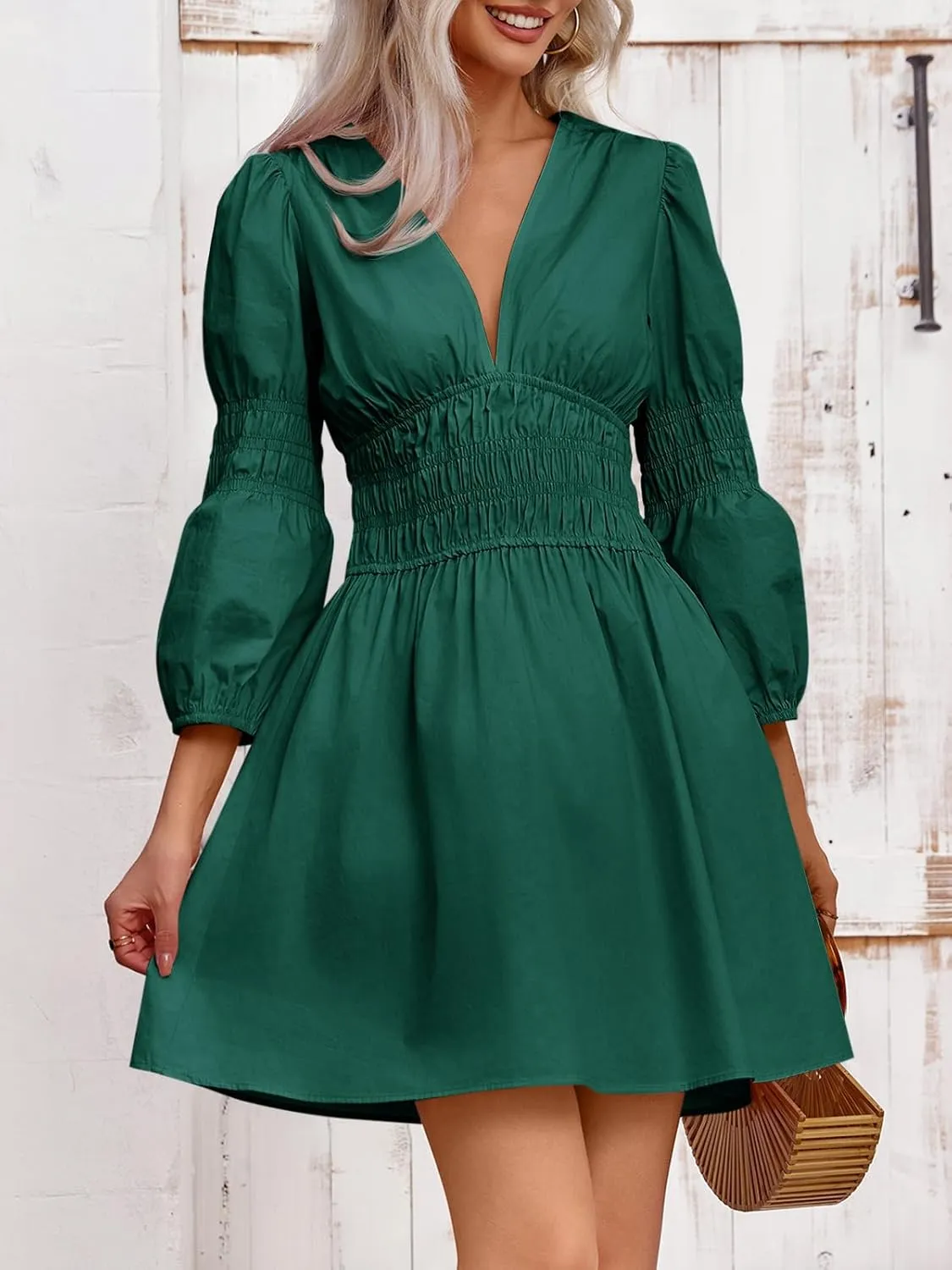 Fisoew Women's Deep V Neck Mini Dress Casual Puff Long Sleeve Smocked Waist Short Dresses