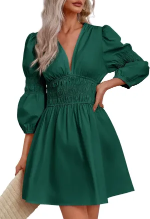 Fisoew Women's Deep V Neck Mini Dress Casual Puff Long Sleeve Smocked Waist Short Dresses