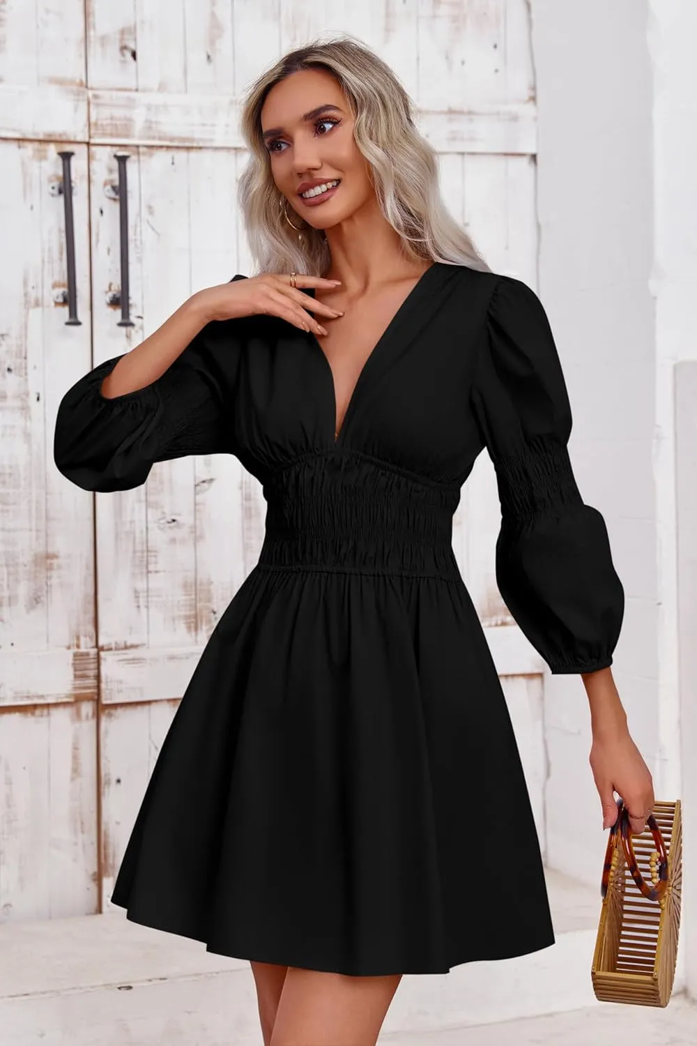 Fisoew Women's Deep V Neck Mini Dress Casual Puff Long Sleeve Smocked Waist Short Dresses