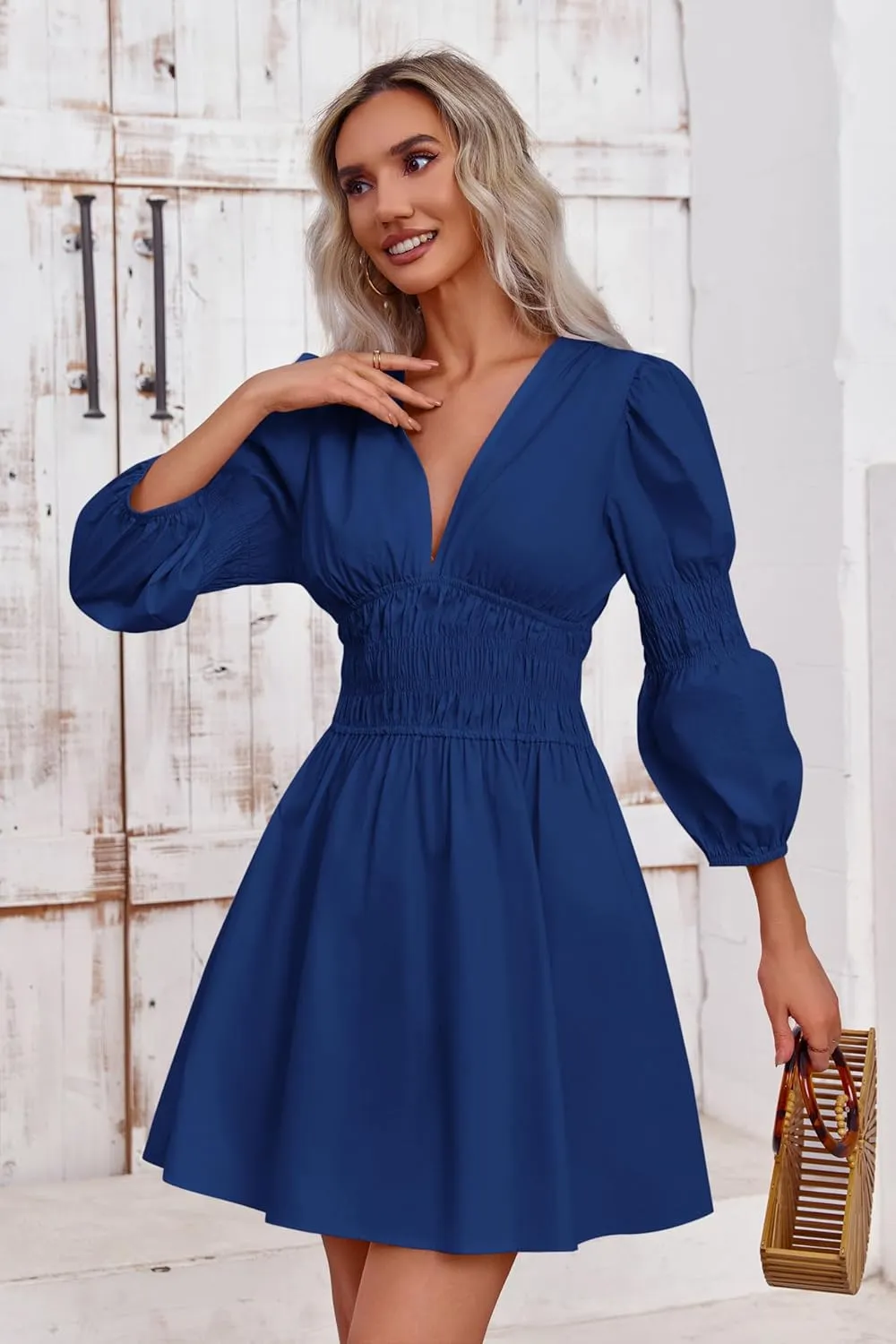 Fisoew Women's Deep V Neck Mini Dress Casual Puff Long Sleeve Smocked Waist Short Dresses