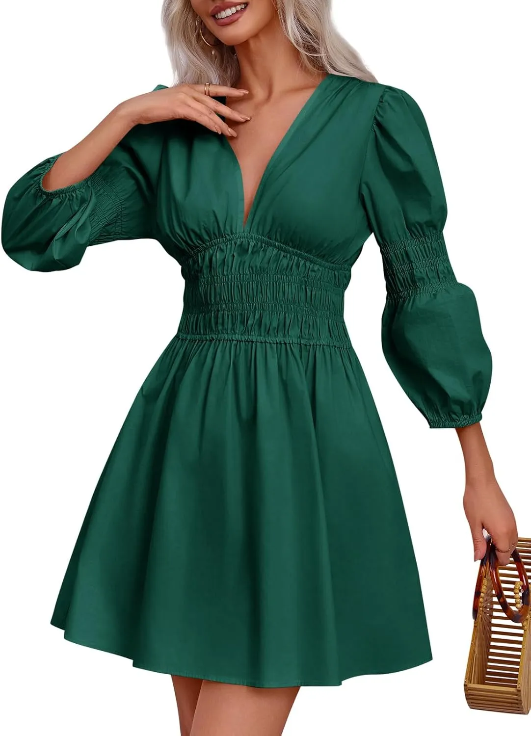 Fisoew Women's Deep V Neck Mini Dress Casual Puff Long Sleeve Smocked Waist Short Dresses
