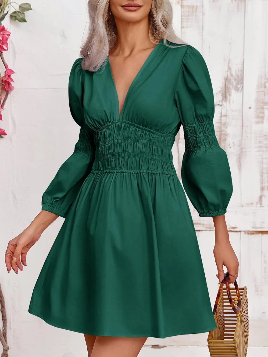 Fisoew Women's Deep V Neck Mini Dress Casual Puff Long Sleeve Smocked Waist Short Dresses