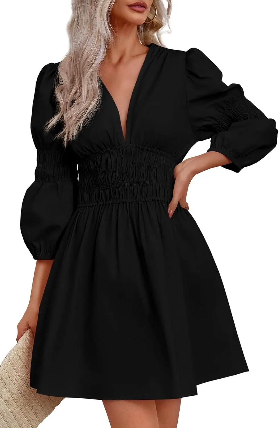 Fisoew Women's Deep V Neck Mini Dress Casual Puff Long Sleeve Smocked Waist Short Dresses