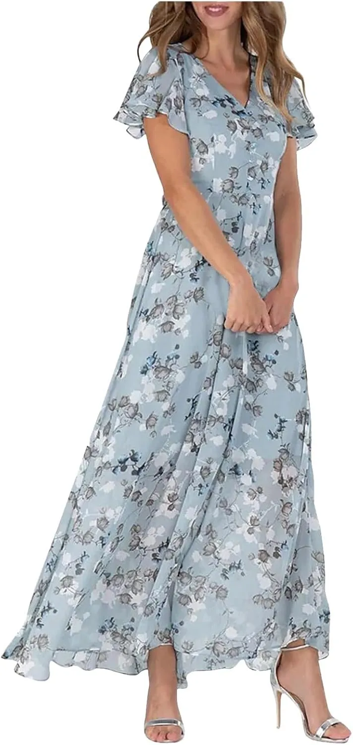 Floral Maxi Dress for Women Summer Flowy V Neck Boho Beach Dresses Short Sleeve Wrap Casual Chiffon Swing Sundresses