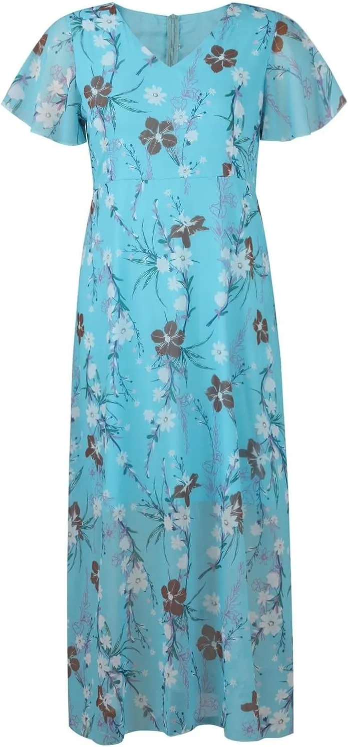 Floral Maxi Dress for Women Summer Flowy V Neck Boho Beach Dresses Short Sleeve Wrap Casual Chiffon Swing Sundresses