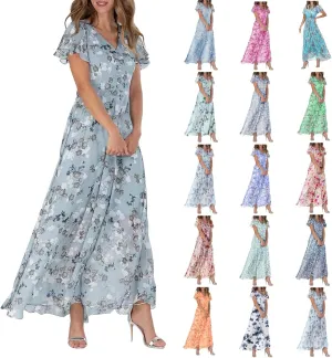 Floral Maxi Dress for Women Summer Flowy V Neck Boho Beach Dresses Short Sleeve Wrap Casual Chiffon Swing Sundresses