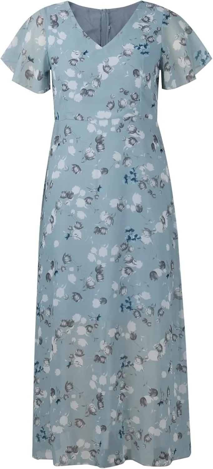 Floral Maxi Dress for Women Summer Flowy V Neck Boho Beach Dresses Short Sleeve Wrap Casual Chiffon Swing Sundresses