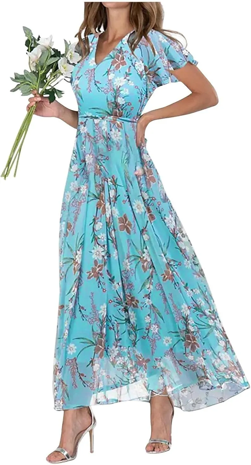 Floral Maxi Dress for Women Summer Flowy V Neck Boho Beach Dresses Short Sleeve Wrap Casual Chiffon Swing Sundresses
