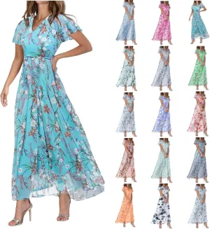 Floral Maxi Dress for Women Summer Flowy V Neck Boho Beach Dresses Short Sleeve Wrap Casual Chiffon Swing Sundresses