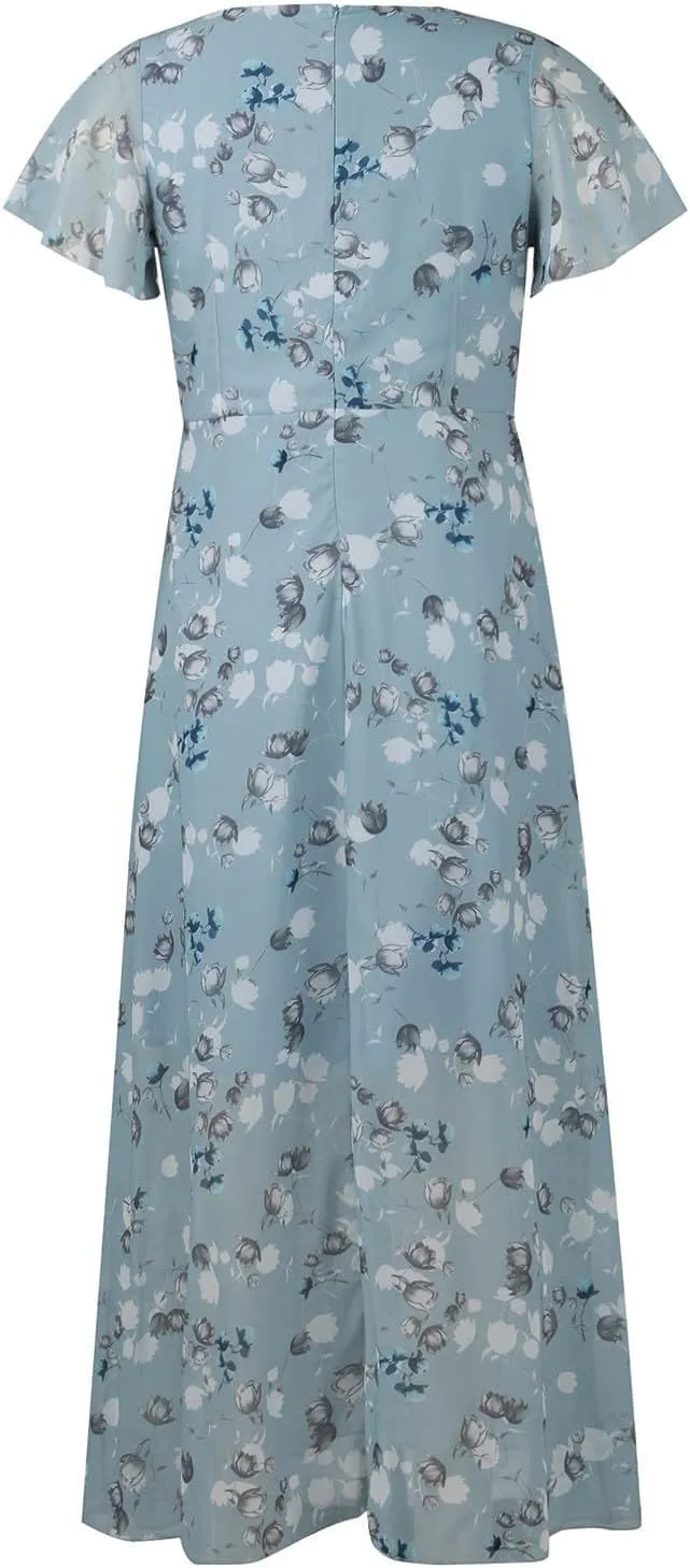 Floral Maxi Dress for Women Summer Flowy V Neck Boho Beach Dresses Short Sleeve Wrap Casual Chiffon Swing Sundresses