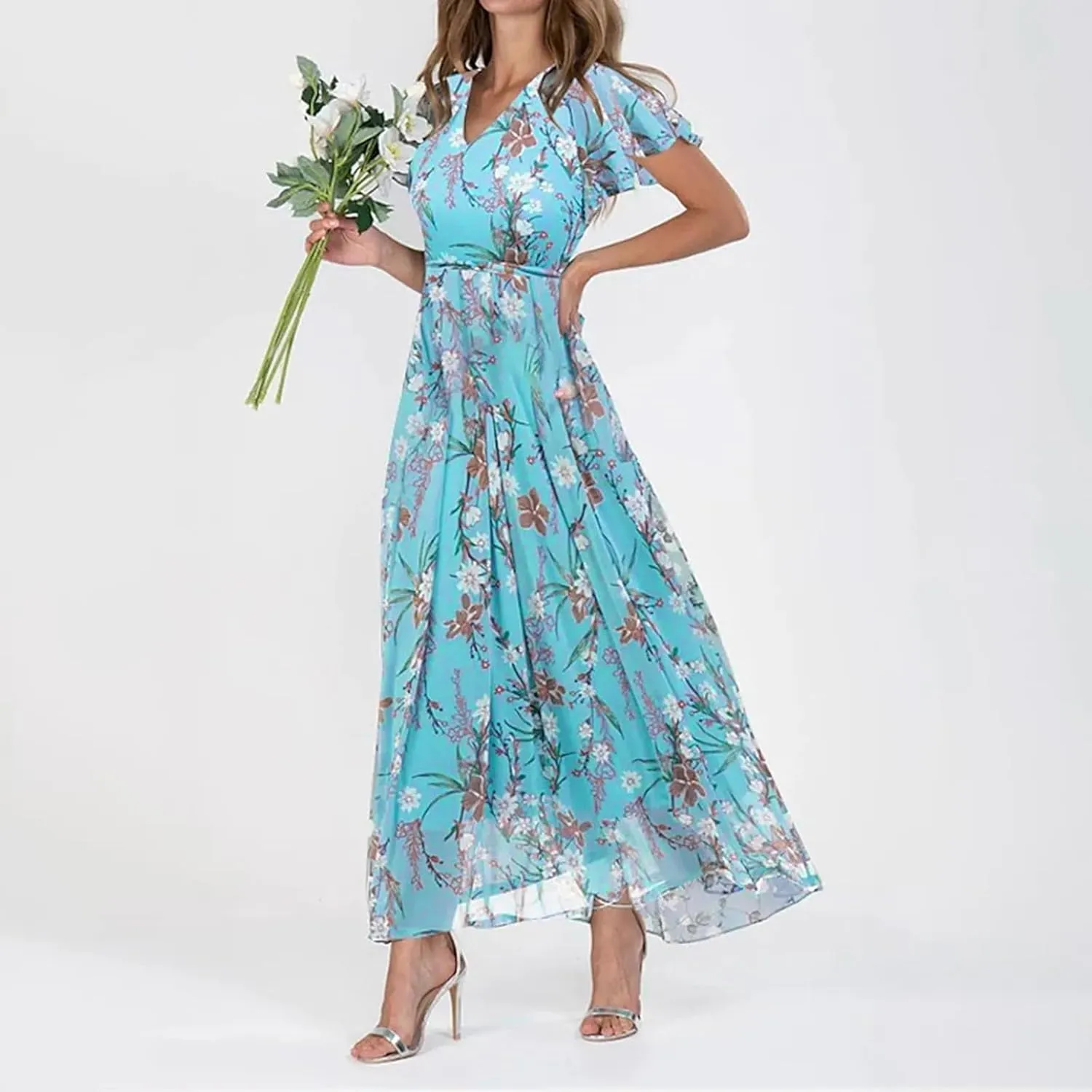 Floral Maxi Dress for Women Summer Flowy V Neck Boho Beach Dresses Short Sleeve Wrap Casual Chiffon Swing Sundresses